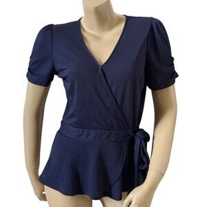 The Workshop Blue Faux Wrap Surplice Peplum Top V Neck Tie Waist Size Medium